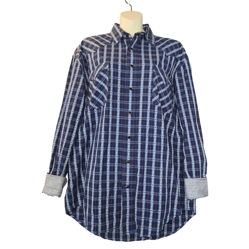 Panhandle Rough Stock Mens Medium Black Pearl‎ Snap Plaid Blue Western Flip Cuff